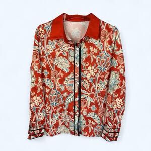 CherryBetty Vintage Floral Print Collared Blouse Red Long Sleeve Medium